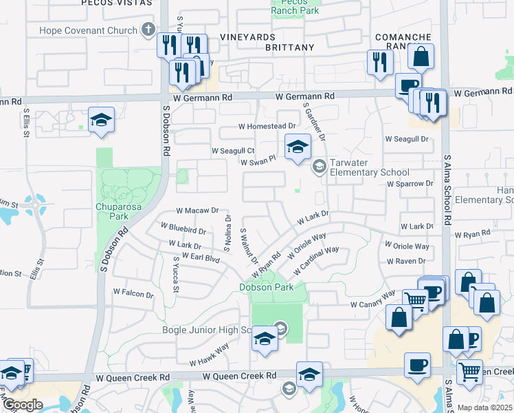 map of restaurants, bars, coffee shops, grocery stores, and more near 1666 West Bluebird Drive in Chandler