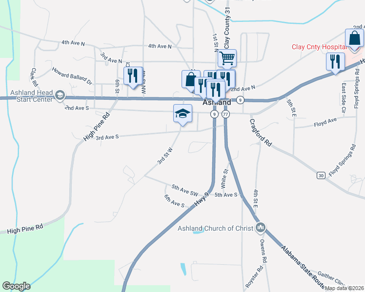 map of restaurants, bars, coffee shops, grocery stores, and more near 269 3rd Street Southwest in Ashland