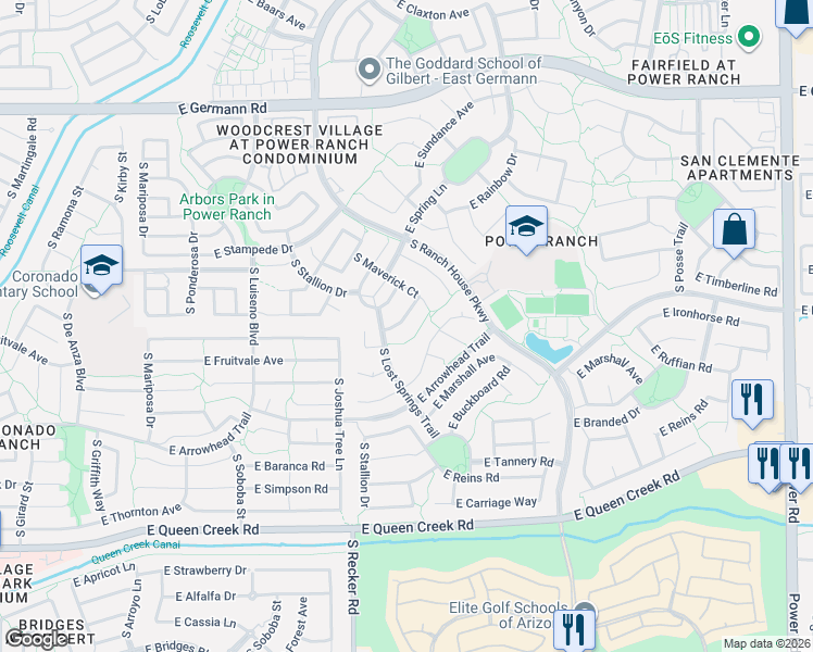 map of restaurants, bars, coffee shops, grocery stores, and more near 4190 East Sidewinder Court in Gilbert