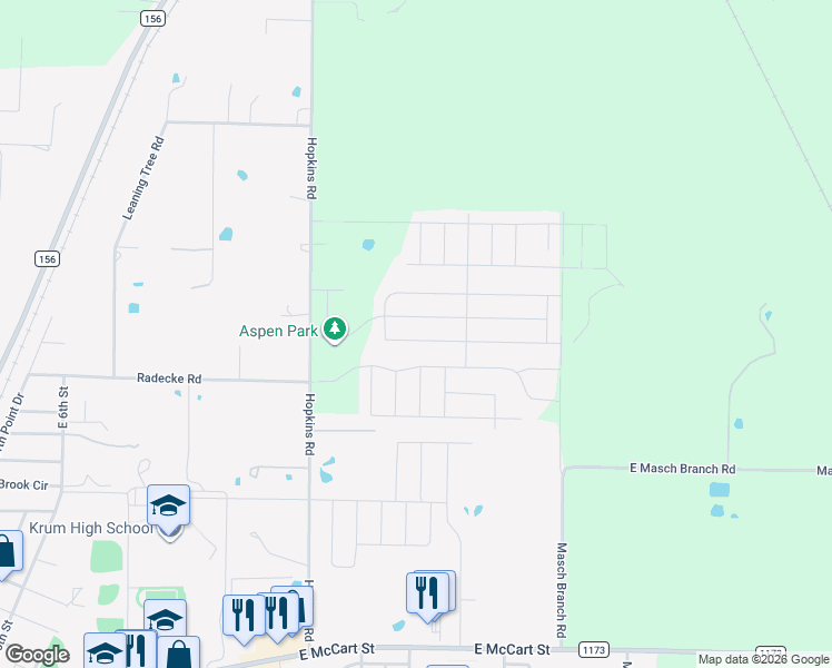 map of restaurants, bars, coffee shops, grocery stores, and more near 5120 Mountain View Drive in Krum