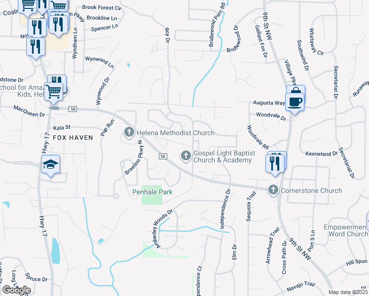 map of restaurants, bars, coffee shops, grocery stores, and more near 109 Hickory Point Drive in Helena