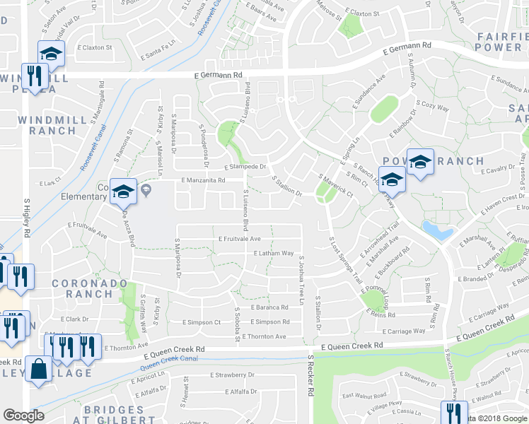 map of restaurants, bars, coffee shops, grocery stores, and more near 3851 E Ironhorse Ct in Gilbert