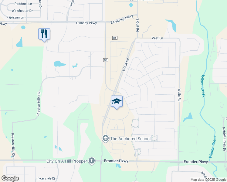 map of restaurants, bars, coffee shops, grocery stores, and more near 3628 County Road 83 in Prosper