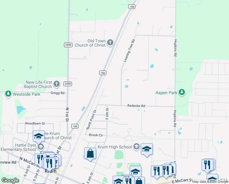 map of restaurants, bars, coffee shops, grocery stores, and more near 305 Leaning Tree Road in Krum