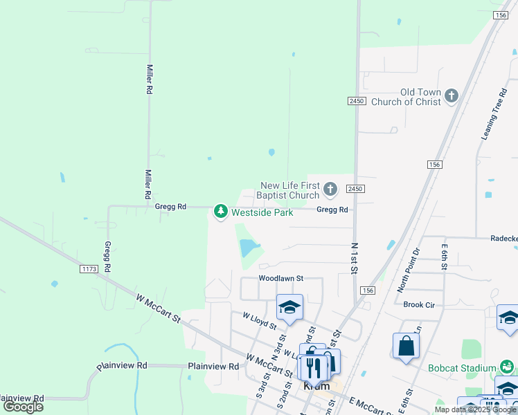 map of restaurants, bars, coffee shops, grocery stores, and more near 6450 Gregg Road in Krum