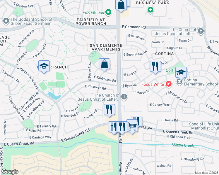 map of restaurants, bars, coffee shops, grocery stores, and more near 4763 East Timberline Road in Gilbert