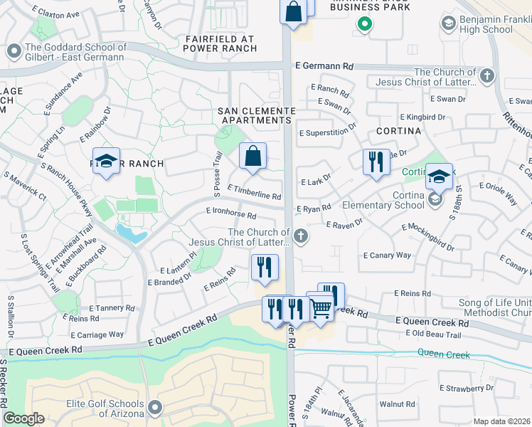 map of restaurants, bars, coffee shops, grocery stores, and more near 4763 East Timberline Road in Gilbert