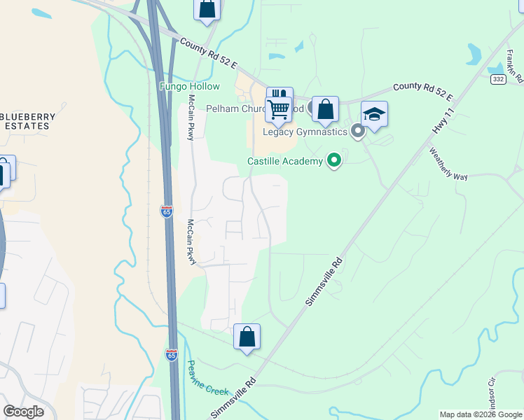 map of restaurants, bars, coffee shops, grocery stores, and more near Huntley Parkway in Pelham