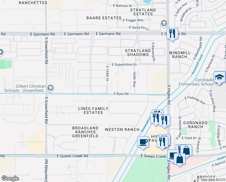 map of restaurants, bars, coffee shops, grocery stores, and more near 2788 East Hummingbird Way in Gilbert