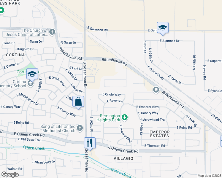 map of restaurants, bars, coffee shops, grocery stores, and more near 19346 East Ryan Road in Queen Creek