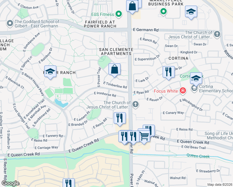 map of restaurants, bars, coffee shops, grocery stores, and more near 4697 East Timberline Road in Gilbert