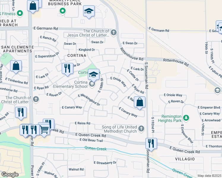 map of restaurants, bars, coffee shops, grocery stores, and more near 18906 East Raven Drive in Queen Creek