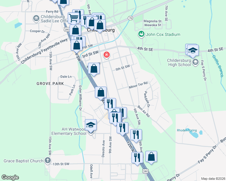 map of restaurants, bars, coffee shops, grocery stores, and more near 638 9th Avenue Southwest in Childersburg