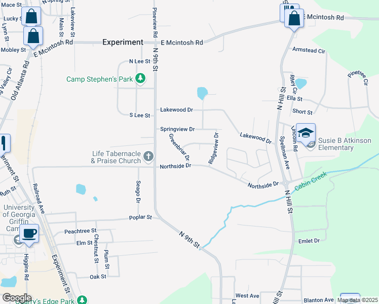 map of restaurants, bars, coffee shops, grocery stores, and more near 1306 Greenbriar Drive in Griffin