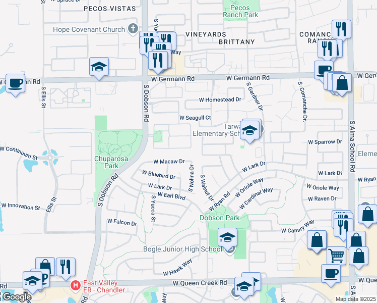 map of restaurants, bars, coffee shops, grocery stores, and more near 1820 West Sparrow Drive in Chandler