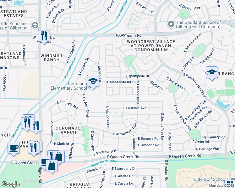 map of restaurants, bars, coffee shops, grocery stores, and more near 4378 South Ponderosa Drive in Gilbert