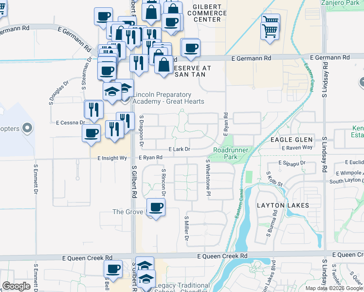 map of restaurants, bars, coffee shops, grocery stores, and more near 3173 East Bluebird Place in Chandler