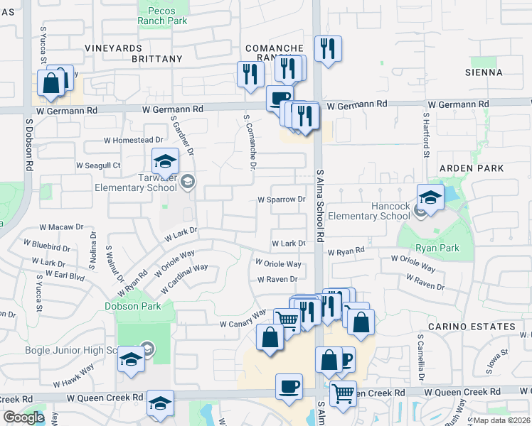 map of restaurants, bars, coffee shops, grocery stores, and more near 1257 West Sparrow Court in Chandler