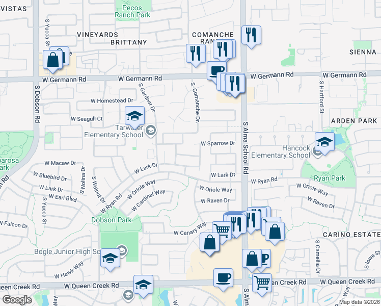 map of restaurants, bars, coffee shops, grocery stores, and more near 1257 West Sparrow Court in Chandler