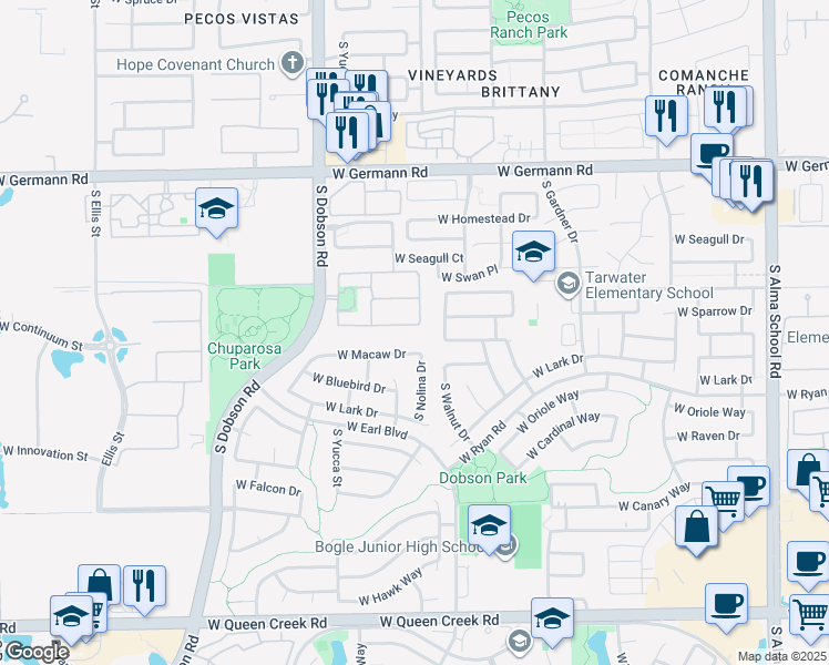 map of restaurants, bars, coffee shops, grocery stores, and more near 1820 West Sparrow Drive in Chandler