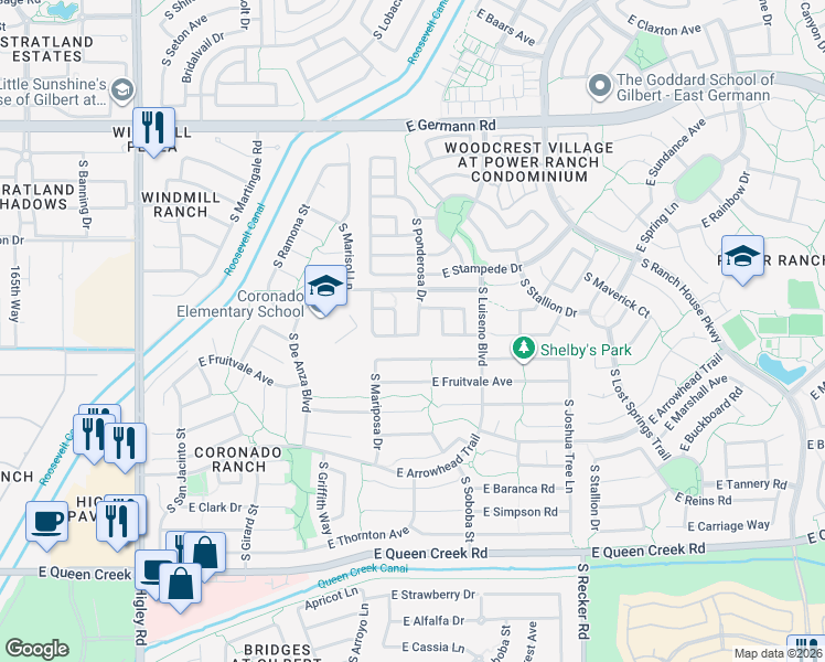 map of restaurants, bars, coffee shops, grocery stores, and more near 4378 South Ponderosa Drive in Gilbert