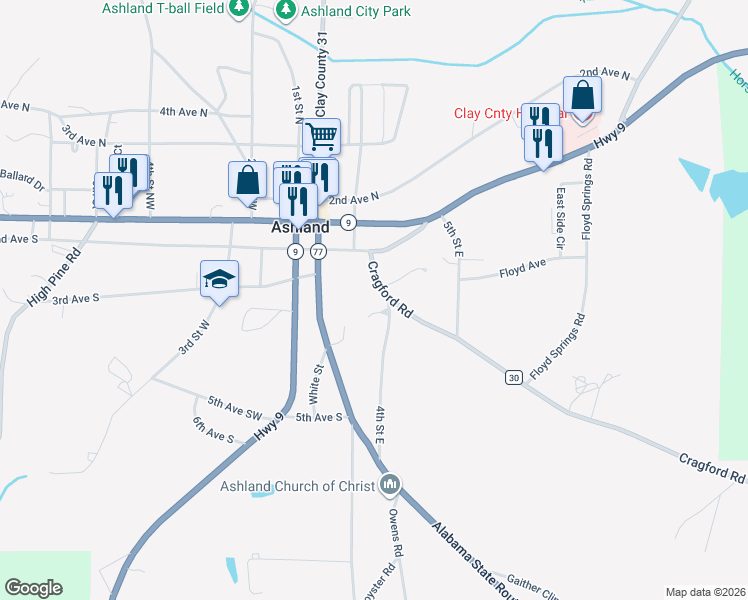map of restaurants, bars, coffee shops, grocery stores, and more near 98 Cragford Road in Ashland