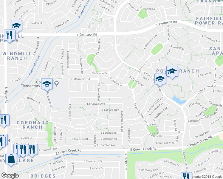 map of restaurants, bars, coffee shops, grocery stores, and more near 3899 East Timberline Road in Gilbert