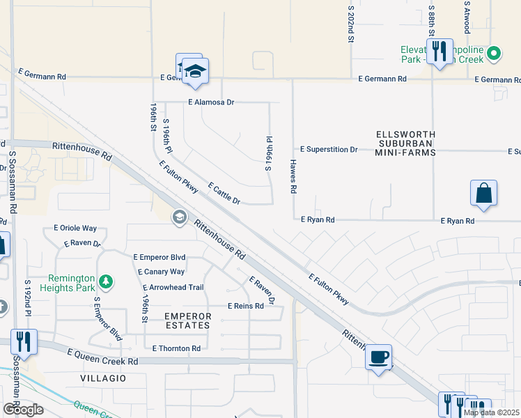 map of restaurants, bars, coffee shops, grocery stores, and more near 19914 Cattle Drive in Queen Creek