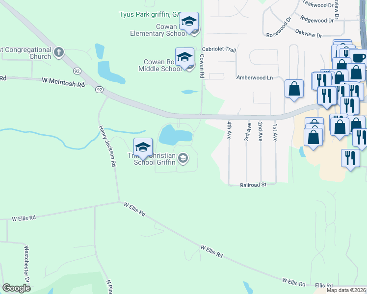 map of restaurants, bars, coffee shops, grocery stores, and more near 2000 West McIntosh Road in Griffin
