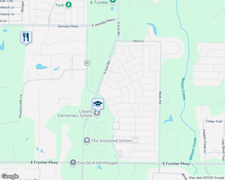 map of restaurants, bars, coffee shops, grocery stores, and more near 3628-3798 County Road 83 in Prosper