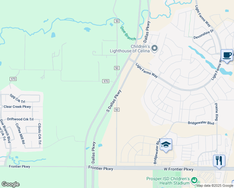 map of restaurants, bars, coffee shops, grocery stores, and more near 3445 County Road 50 in Prosper