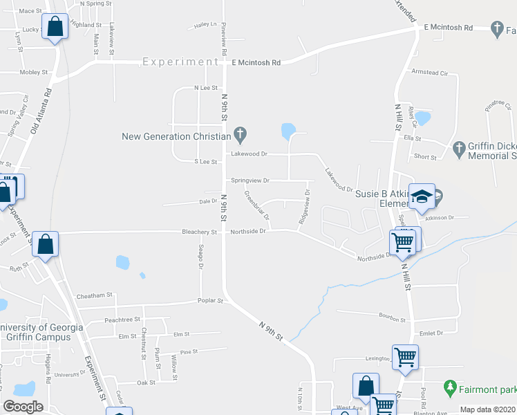 map of restaurants, bars, coffee shops, grocery stores, and more near 1308 Greenbriar Drive in Griffin