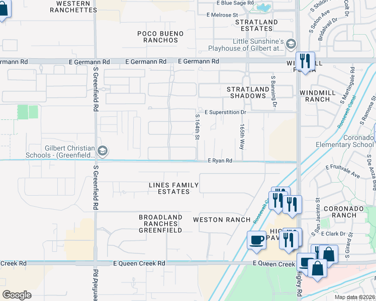 map of restaurants, bars, coffee shops, grocery stores, and more near 2733 East Hummingbird Way in Gilbert