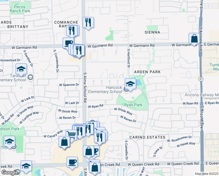 map of restaurants, bars, coffee shops, grocery stores, and more near 759 West Sparrow Place in Chandler