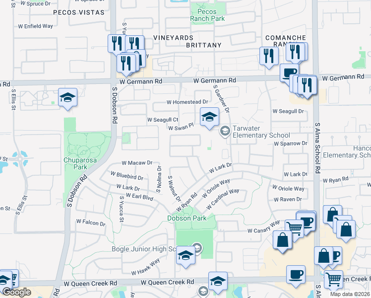 map of restaurants, bars, coffee shops, grocery stores, and more near 1663 West Sparrow Drive in Chandler