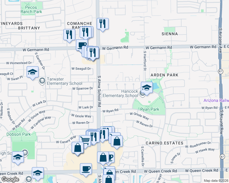 map of restaurants, bars, coffee shops, grocery stores, and more near 859 West Sparrow Place in Chandler