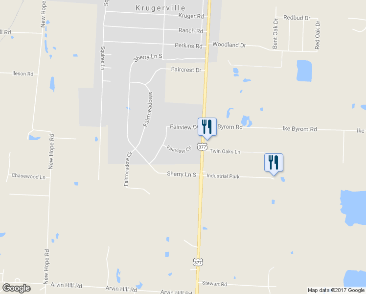 map of restaurants, bars, coffee shops, grocery stores, and more near 807 Fairview Cir in Krugerville