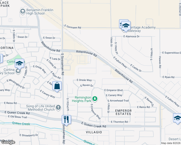 map of restaurants, bars, coffee shops, grocery stores, and more near 19422 East Ryan Road in Queen Creek