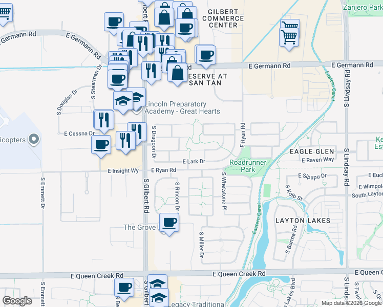 map of restaurants, bars, coffee shops, grocery stores, and more near 3173 East Bluebird Place in Chandler