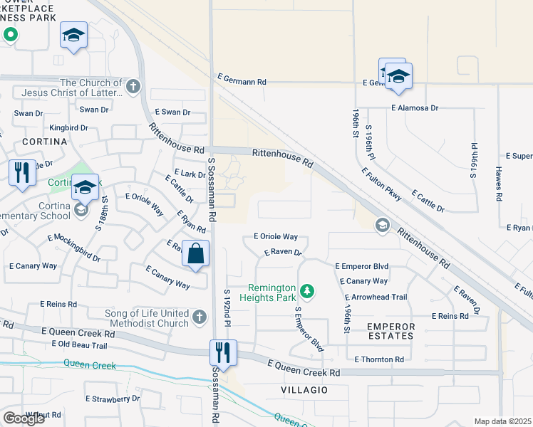 map of restaurants, bars, coffee shops, grocery stores, and more near 19346 East Ryan Road in Queen Creek