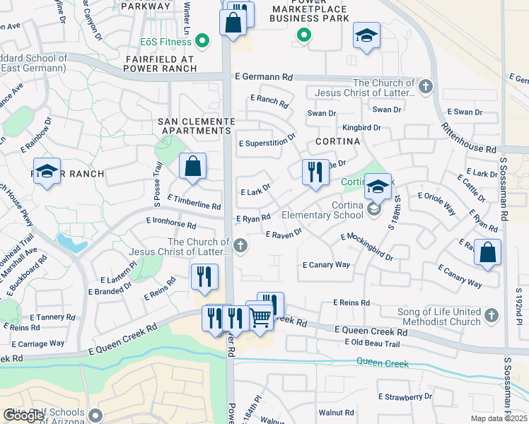 map of restaurants, bars, coffee shops, grocery stores, and more near 18503 East Cattle Drive in Queen Creek