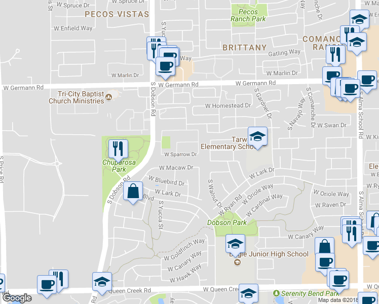 map of restaurants, bars, coffee shops, grocery stores, and more near 1820 West Sparrow Drive in Chandler