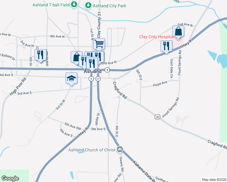 map of restaurants, bars, coffee shops, grocery stores, and more near 98 Cragford Road in Ashland
