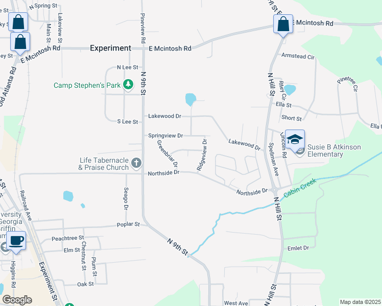 map of restaurants, bars, coffee shops, grocery stores, and more near 406 Meadowlark Drive in Griffin