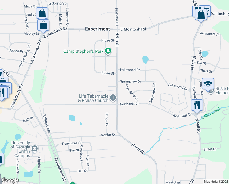 map of restaurants, bars, coffee shops, grocery stores, and more near 1319 North 9th Street in Griffin