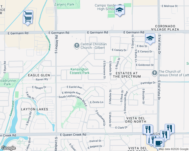 map of restaurants, bars, coffee shops, grocery stores, and more near 1093 East Holland Park Drive in Gilbert