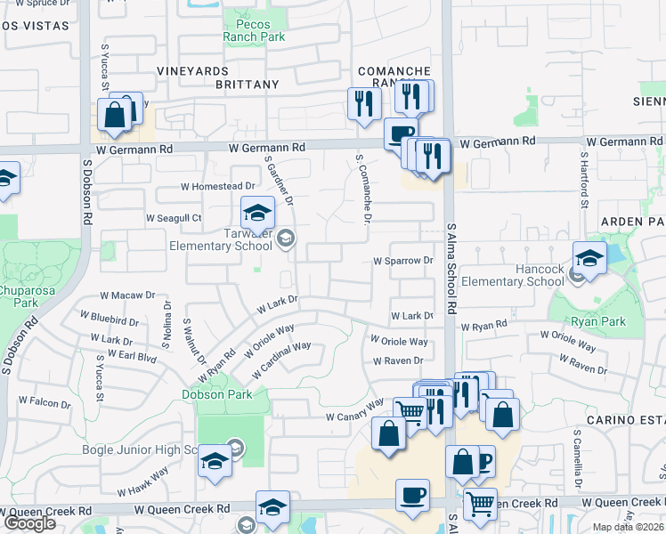 map of restaurants, bars, coffee shops, grocery stores, and more near 1317 West Sparrow Drive in Chandler