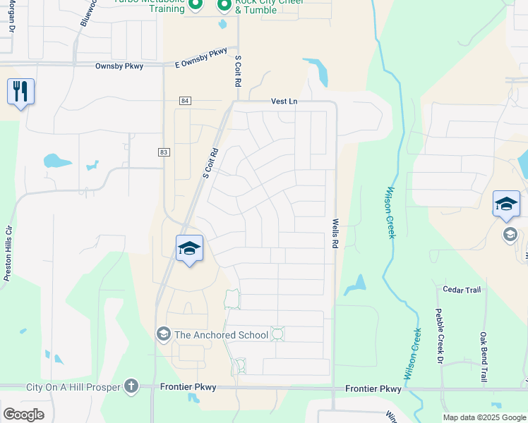 map of restaurants, bars, coffee shops, grocery stores, and more near 3808 Blue Yucca Lane in Prosper