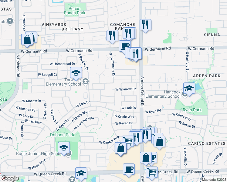 map of restaurants, bars, coffee shops, grocery stores, and more near 1257 West Sparrow Court in Chandler
