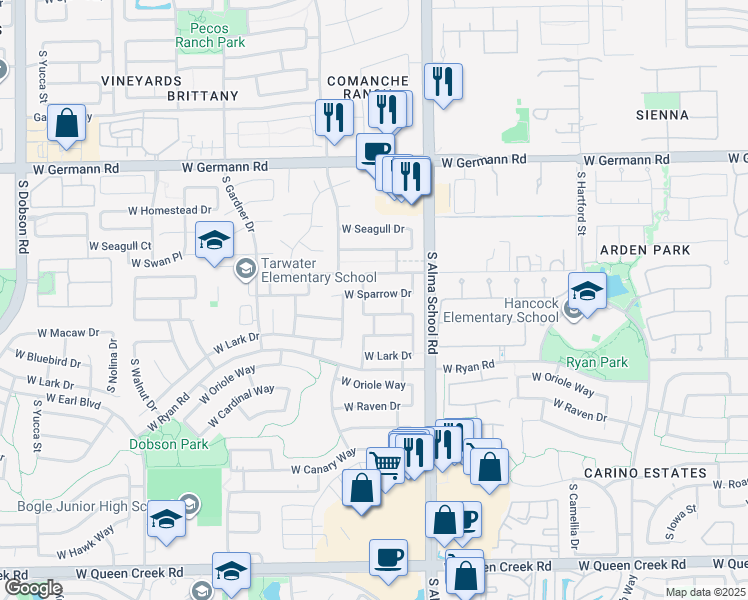 map of restaurants, bars, coffee shops, grocery stores, and more near 1173 West Sparrow Drive in Chandler